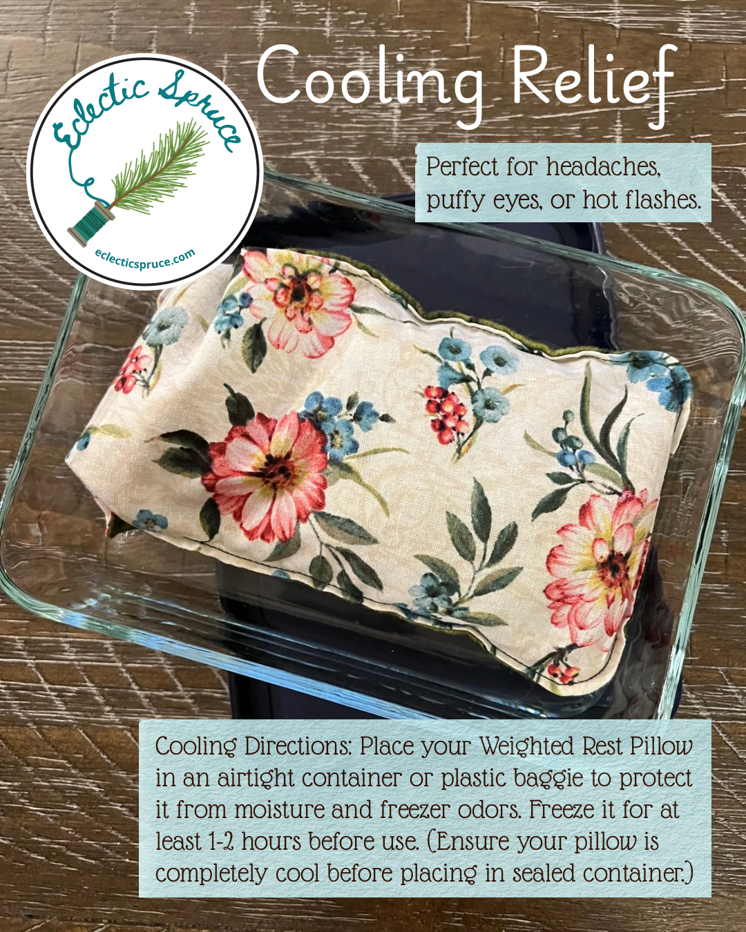 Weighted Eye Pillow inside of a sealed glass container along with instructions for cooling relief.