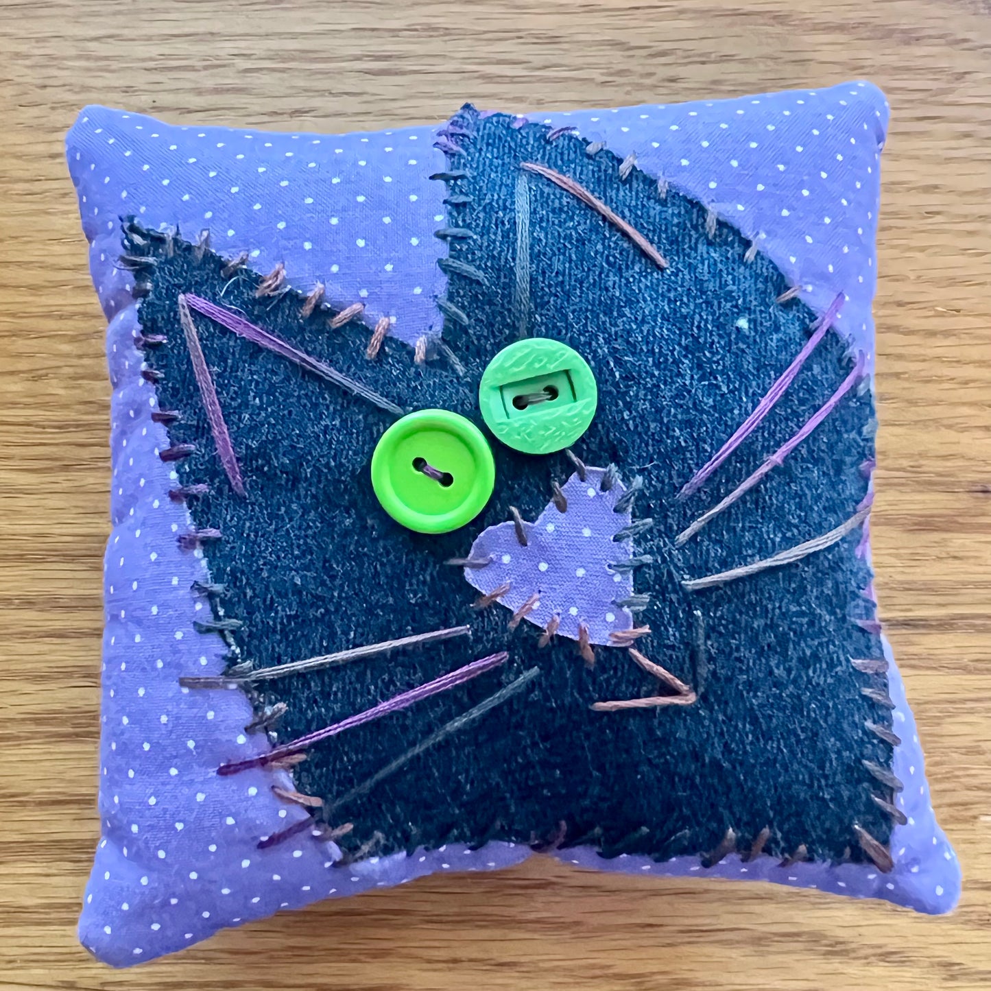 Purple Polka Dot Left Leaning Cat handmade by Eclectic Spruce.
