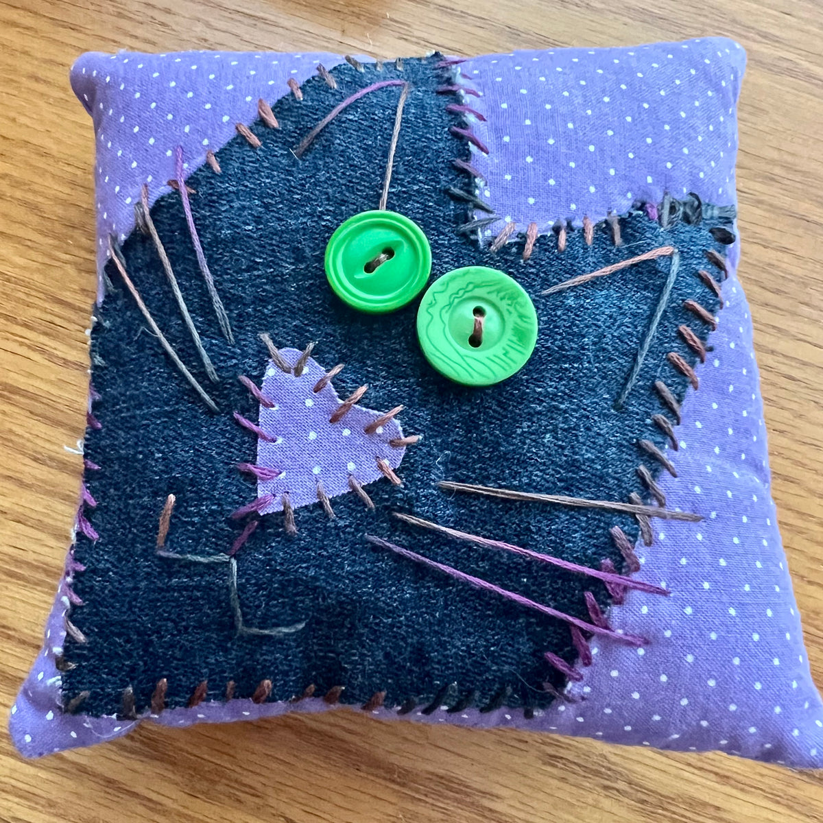 Purple Polka Dot Right Leaning Cat handmade by Eclectic Spruce.