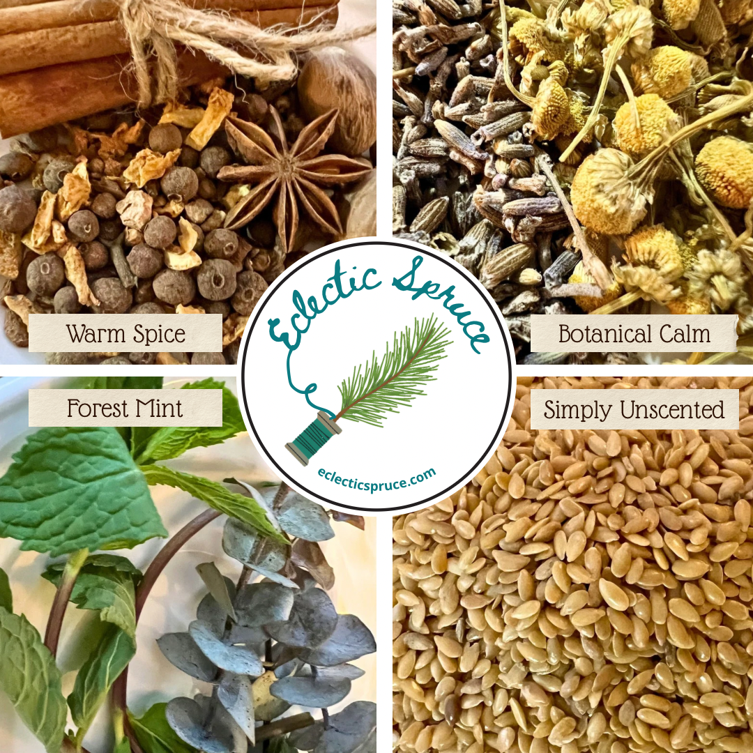 Photos of the herbs and spices used in Eclectic Spruce's Weighted Eye Pillows for the scented options. These show the difference between Simply Unscented, Forest Mint, Botanical Calm, and Warm Spice options.