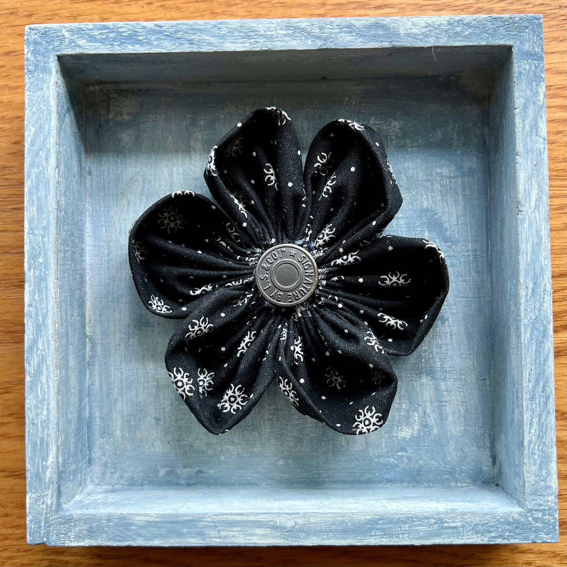 Hand painted 5x5x1" Mini Meadow wooden shadow box featuring hand-sewn 3D textile flower made with reclaimed fabric.