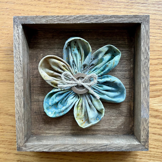 Hand painted 5x5x1" Mini Meadow wooden shadow box featuring hand-sewn 3D textile flower made with reclaimed fabric.
