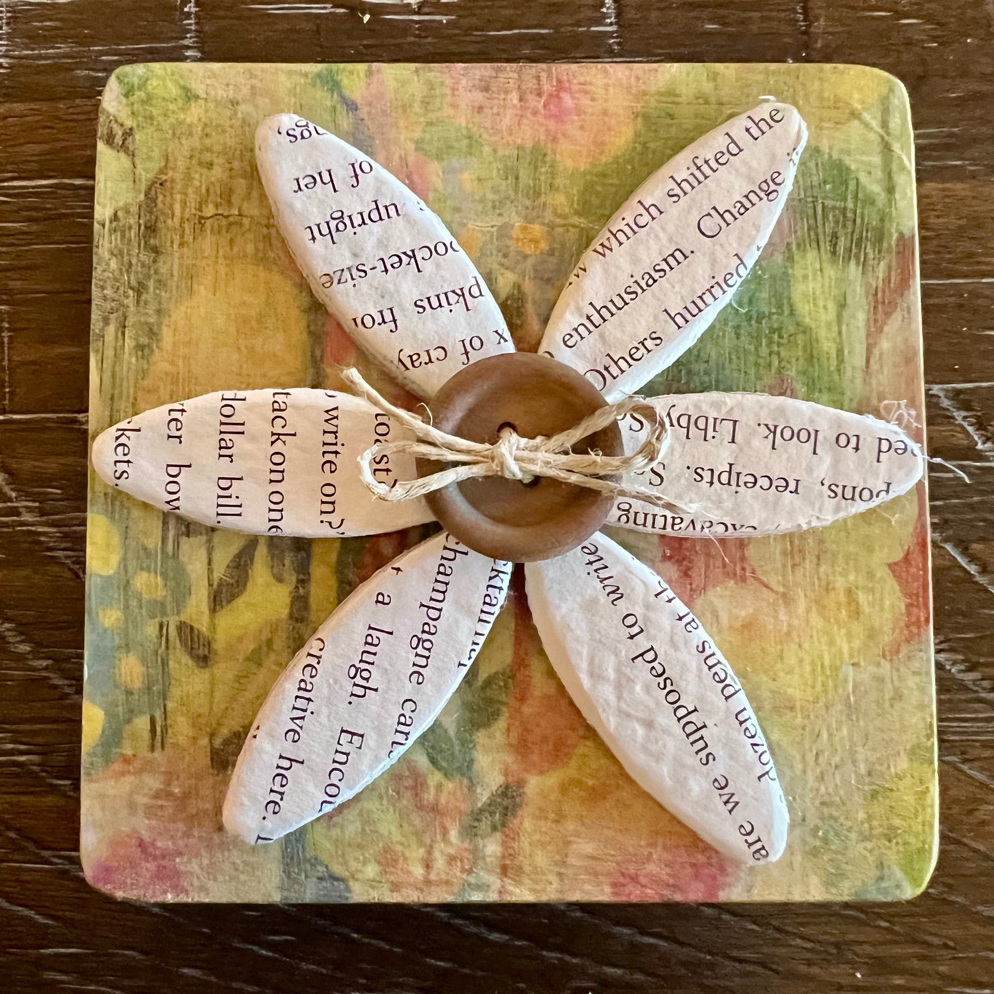 Literary Bloom magnet: Wood magnet art featuring 3D accents, repurposed book pages, and a floral background.