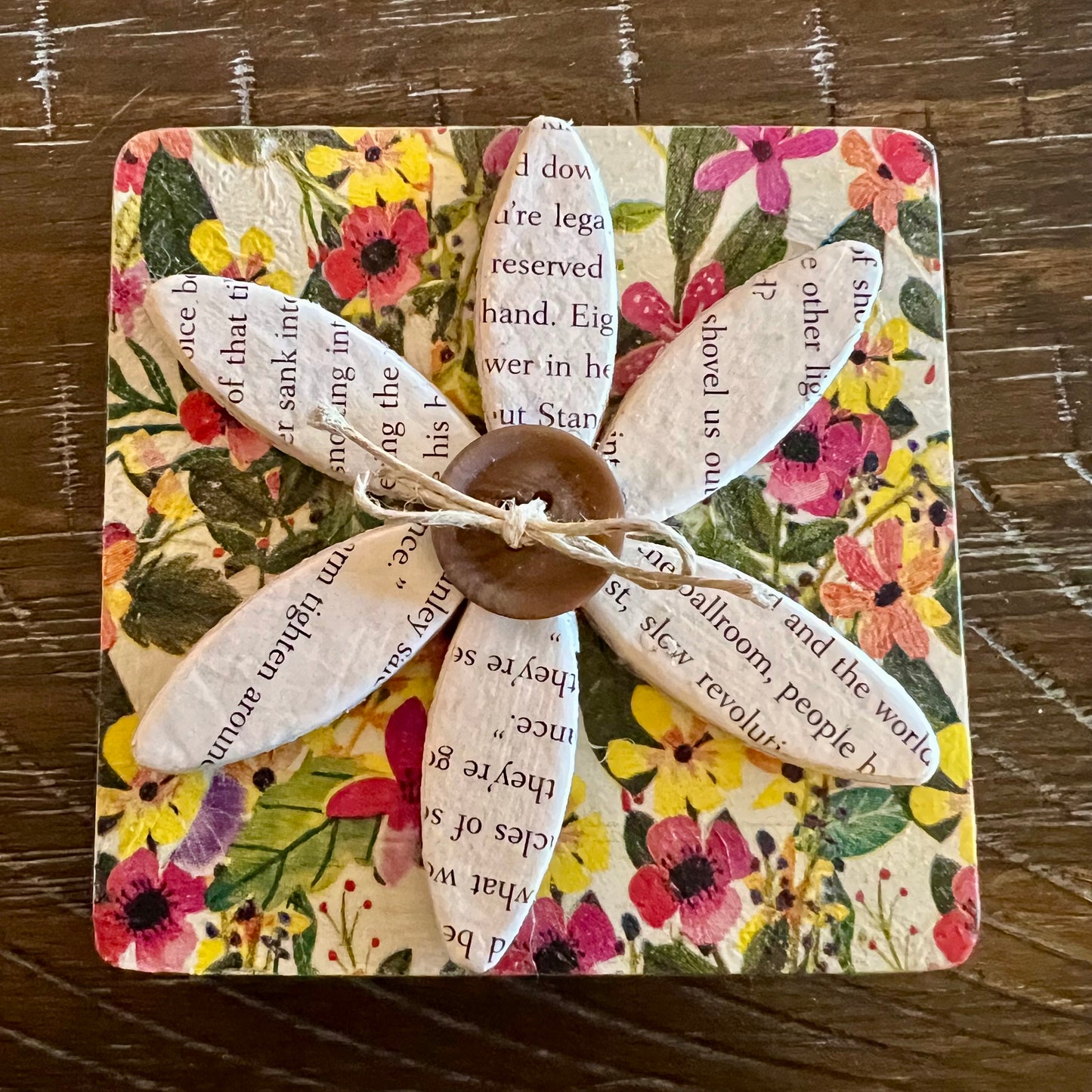 Literary Bloom magnet: Wood magnet art featuring 3D accents, repurposed book pages, and a floral background.