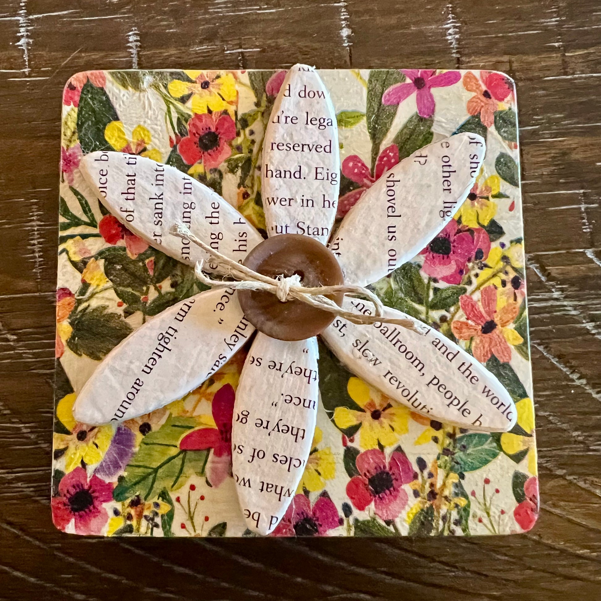 Literary Bloom magnet: Wood magnet art featuring 3D accents, repurposed book pages, and a floral background.
