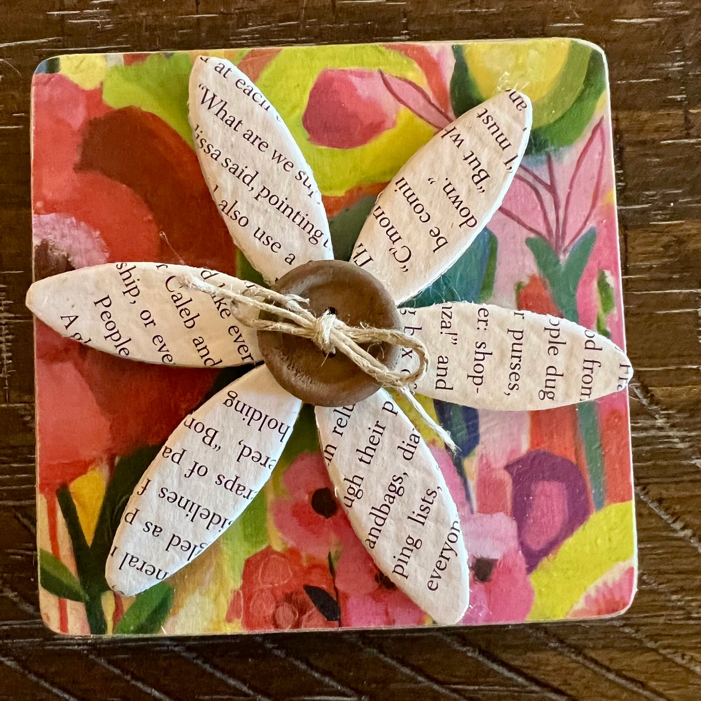 Literary Bloom magnet: Wood magnet art featuring 3D accents, repurposed book pages, and a floral background.