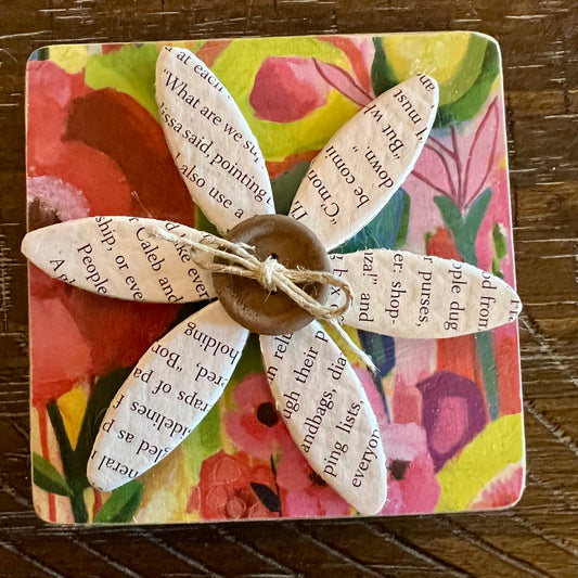 Literary Bloom magnet: Wood magnet art featuring 3D accents, repurposed book pages, and a floral background.