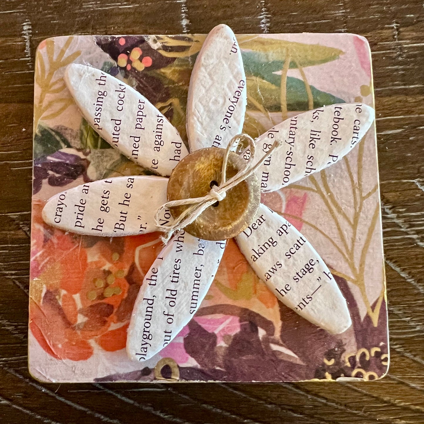 Literary Bloom magnet: Wood magnet art featuring 3D accents, repurposed book pages, and a floral background.