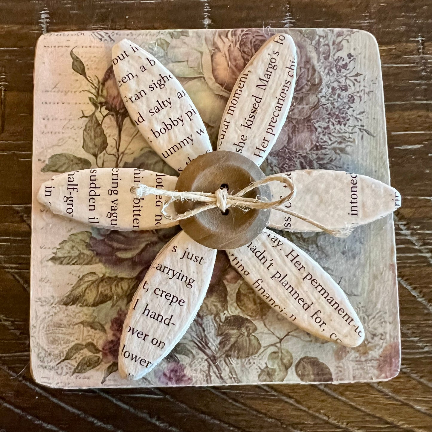 Literary Bloom magnet: Wood magnet art featuring 3D accents, repurposed book pages, and a floral background.
