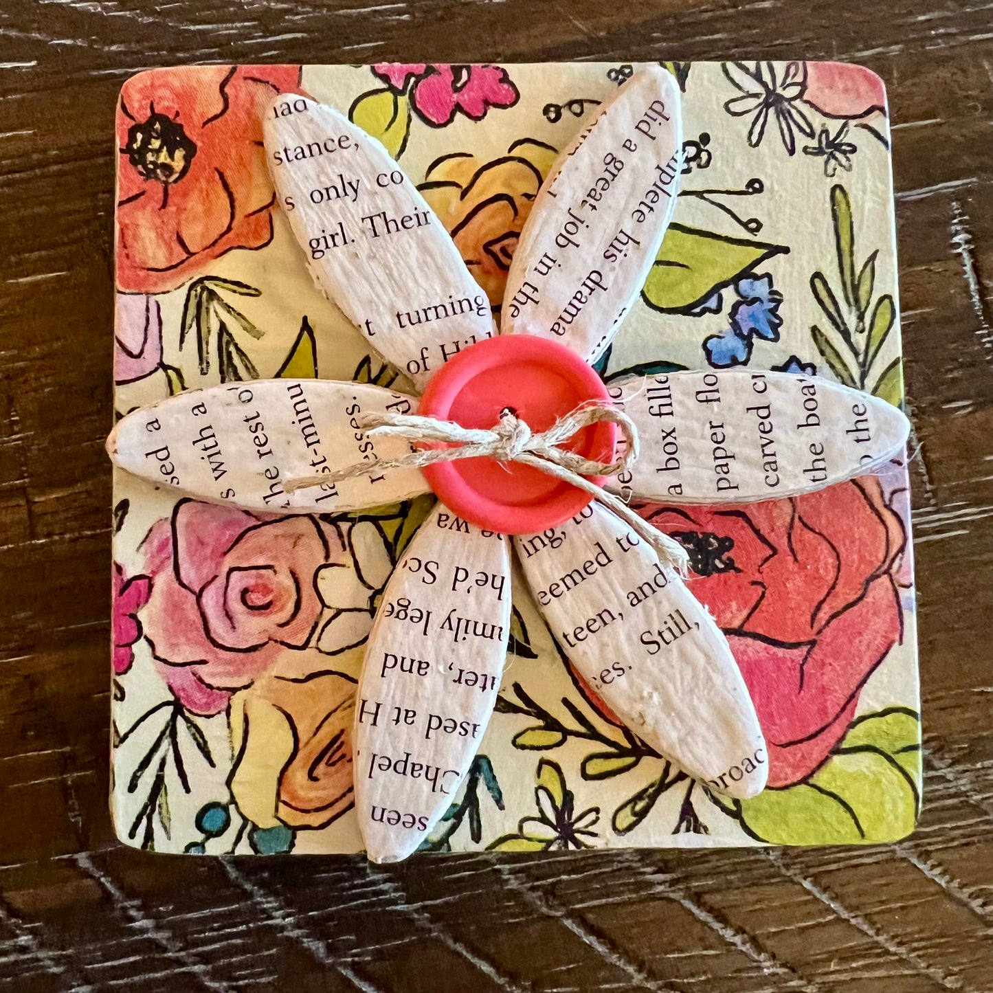 Literary Bloom magnet: Wood magnet art featuring 3D accents, repurposed book pages, and a floral background.