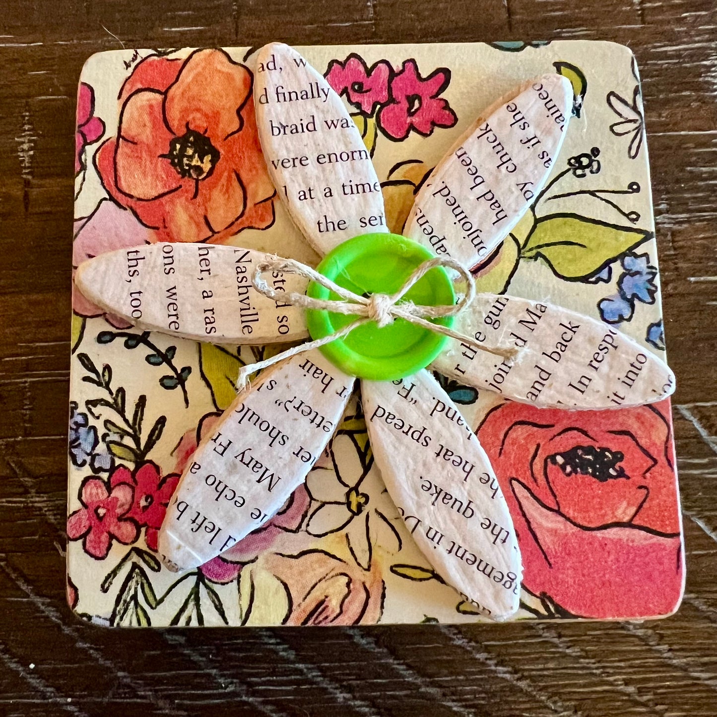 Literary Bloom magnet: Wood magnet art featuring 3D accents, repurposed book pages, and a floral background.