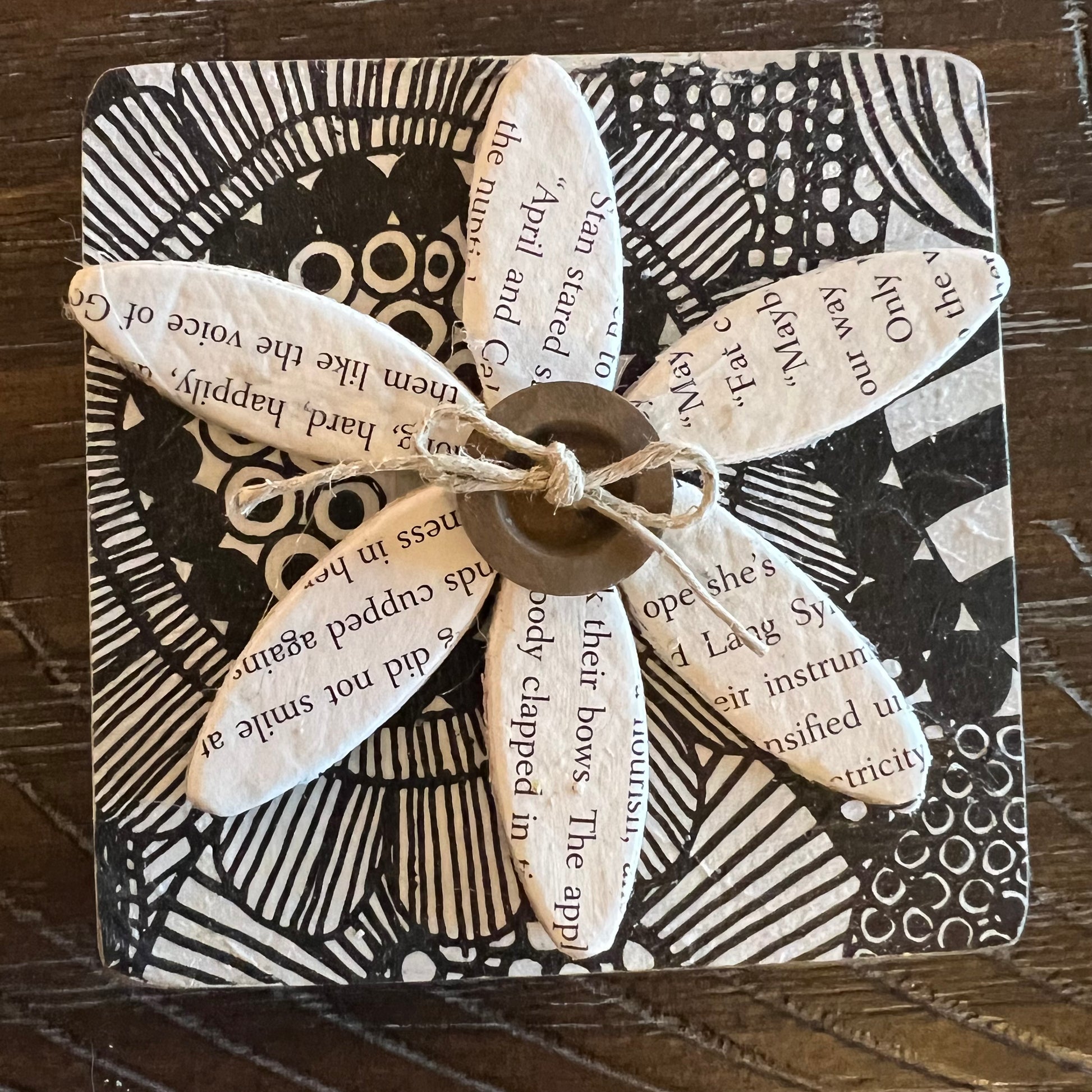 Literary Bloom magnet: Wood magnet art featuring 3D accents, repurposed book pages, and a floral background.