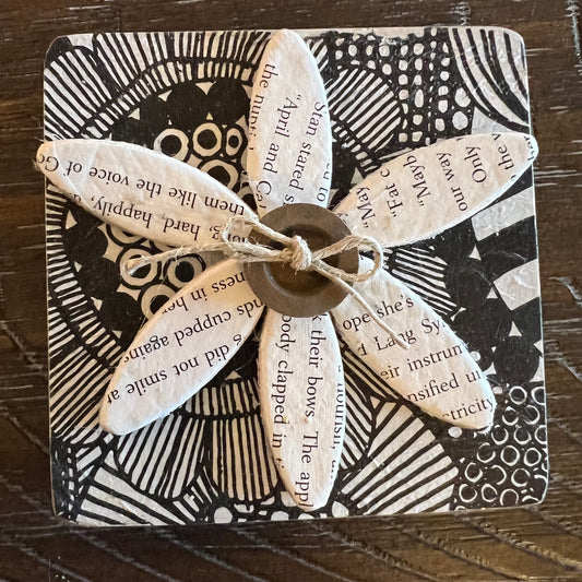 Literary Bloom magnet: Wood magnet art featuring 3D accents, repurposed book pages, and a floral background.
