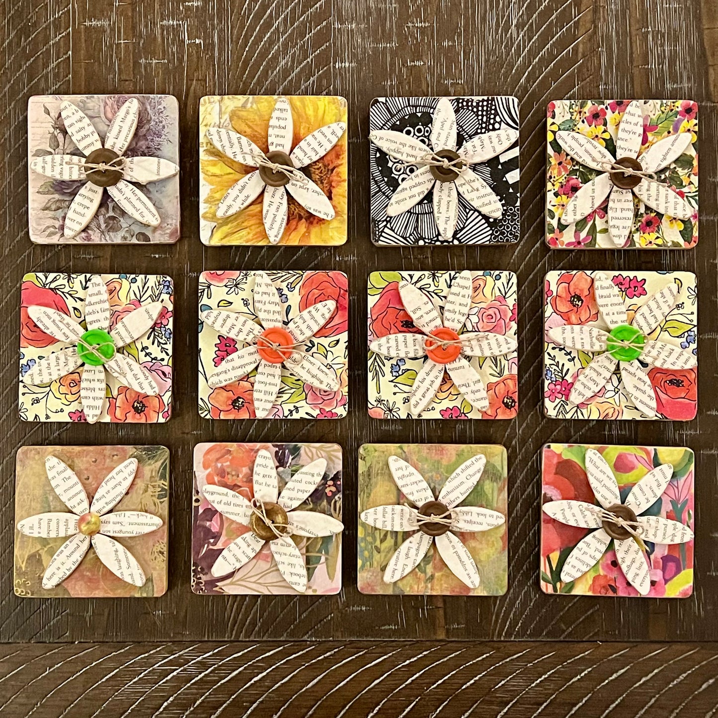 The Literary Bloom Magnet collection, 3D wood magnet art in a variety of colors, backgrounds, and textures.