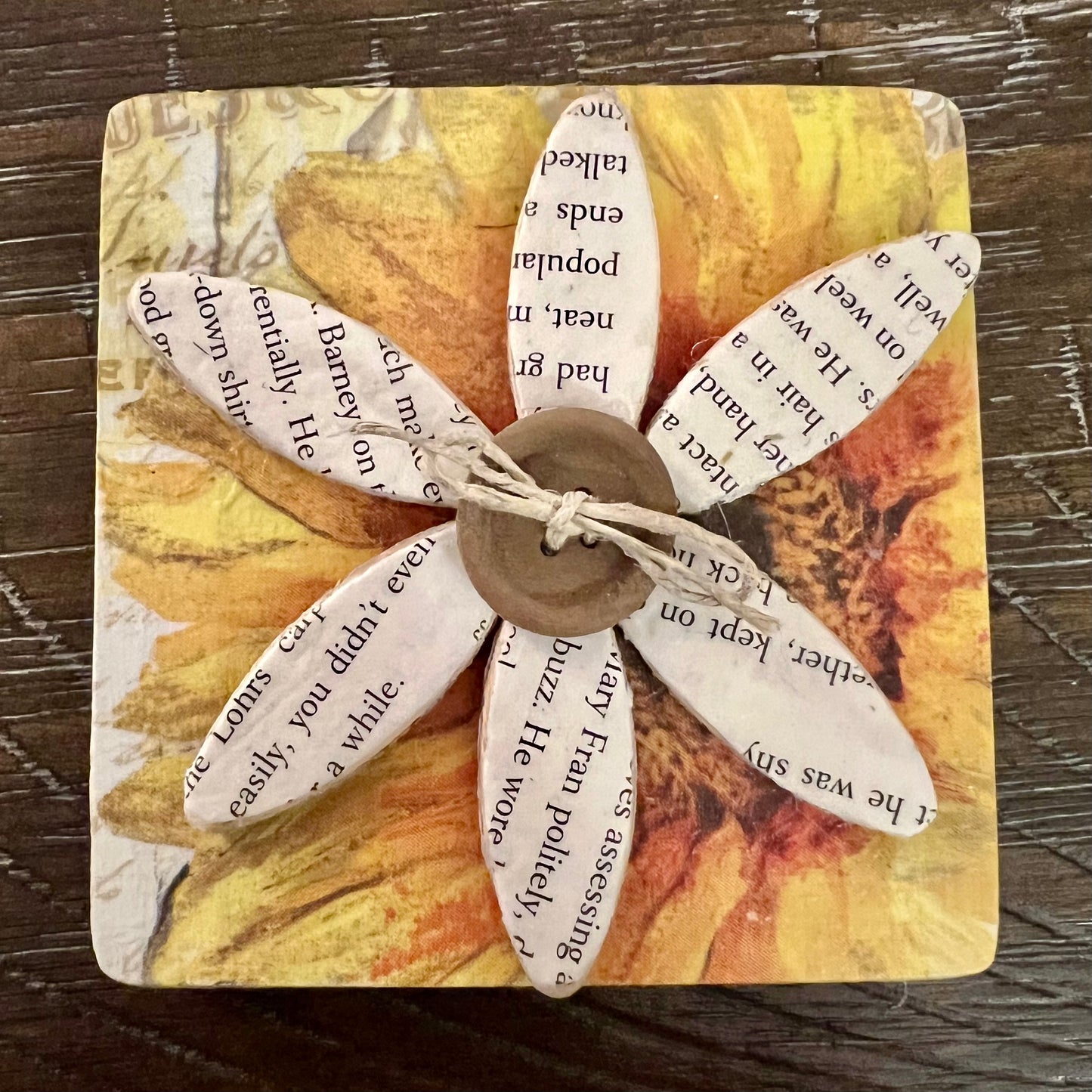 Literary Bloom magnet: Wood magnet art featuring 3D accents, repurposed book pages, and a floral background.