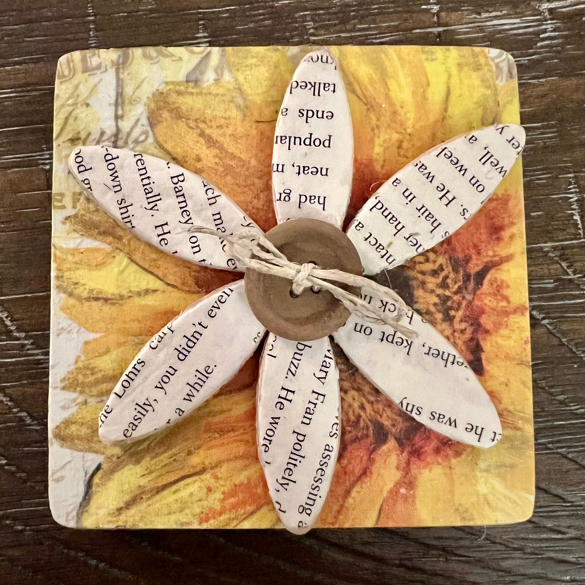 Literary Bloom magnet: Wood magnet art featuring 3D accents, repurposed book pages, and a floral background.