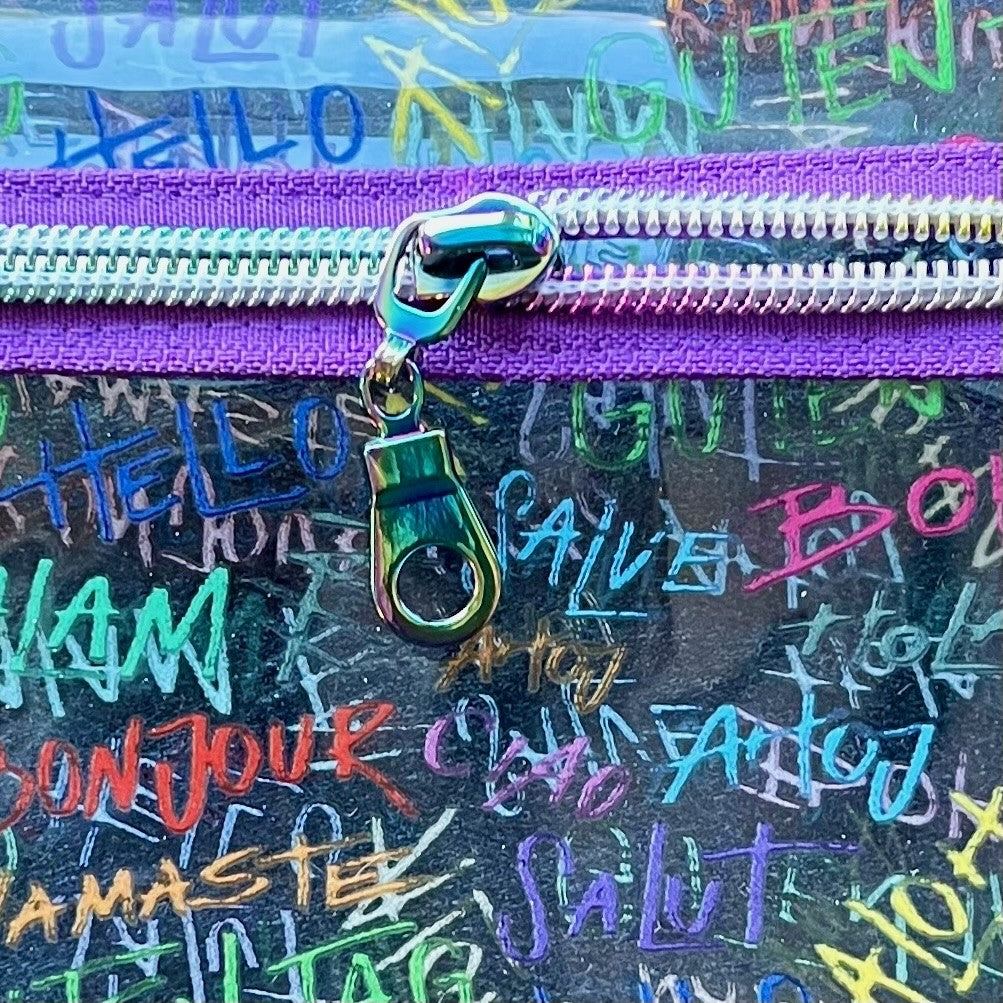 Clear see-through vinyl zipper pouch with a closeup of the zipper pull.